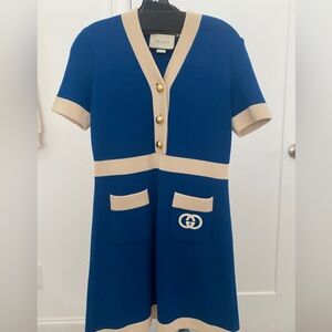 GUCCI Short Sleeve Tennis Wool Mini Dress Size S Blue Ivory